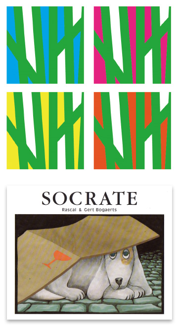 Ontwerp huisstijl SPES (Brede School Brussel)Cover van geïllustreerd boek 'Socrate', uitgeverij Pastel